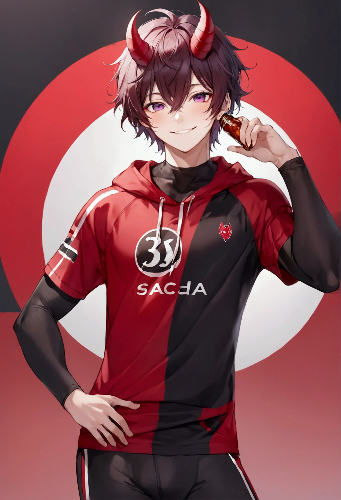 Wolf skin(Red color y negro), Red Devil'cola, adolescent(athletic), tight clothes(negro), masculine(adolescent), ram horns(Red color),alone (Posing), Violet Wolf Eyes, smile(saca la lengua mientras smile).