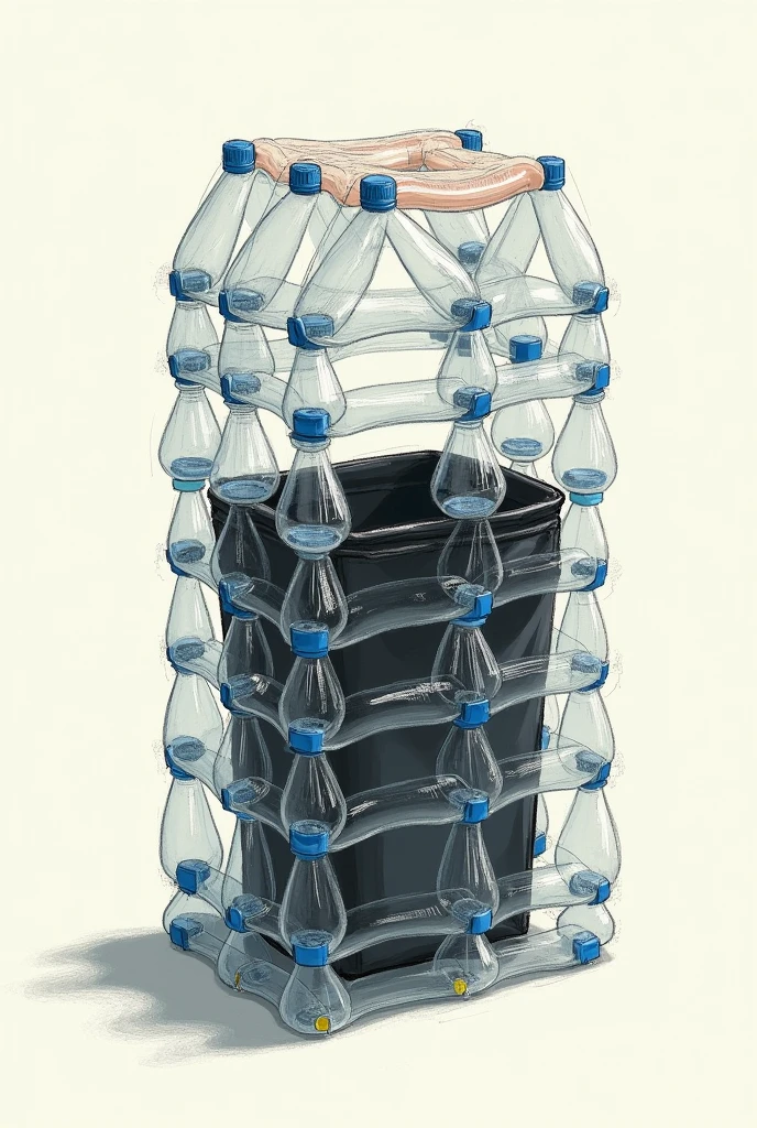Make me a blueprint sketch for making a trash can from used plastic bottles with Black plastic bag added in the middle as a container for trash.