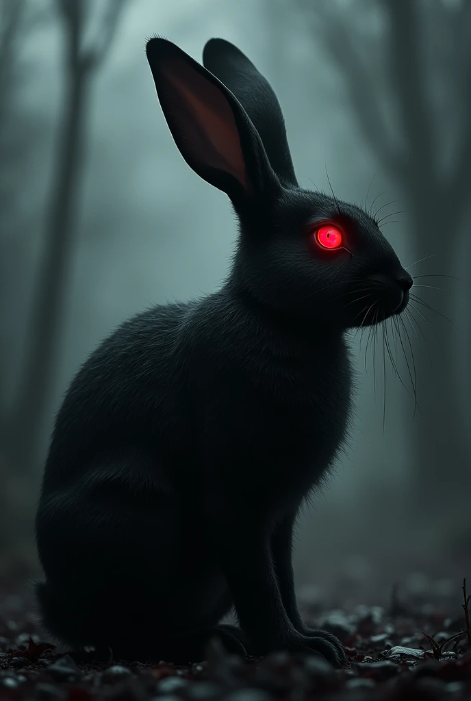 Side view of a dark rabbit with red eyes