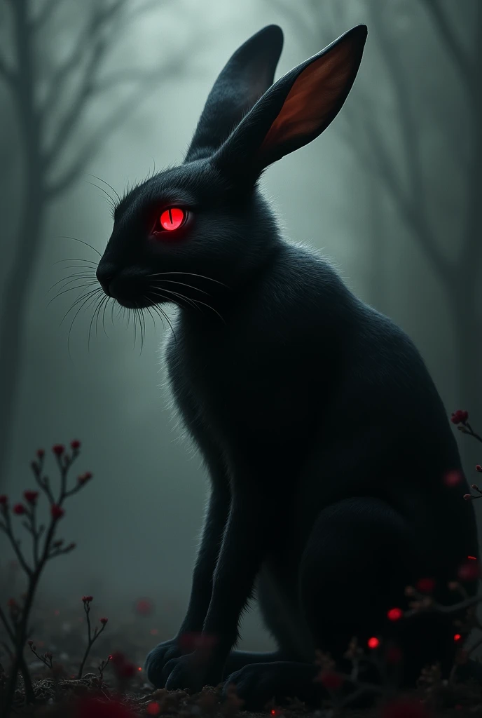 Side view of a dark rabbit with red eyes