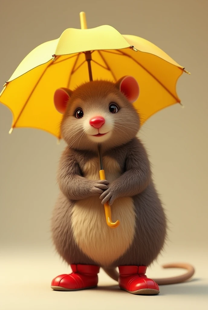 There was a red-nosed mole doll wearing red shoes and holding a yellow umbrella looking at him.