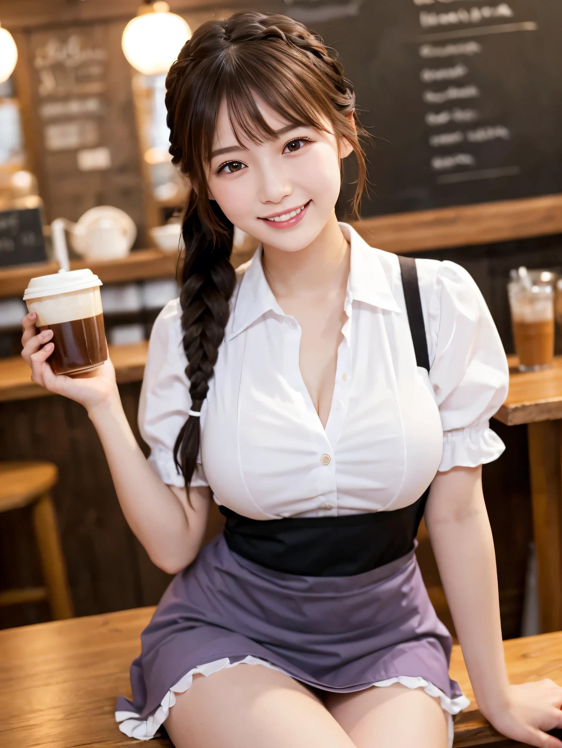 1 girl、(RAW Photos、Highest quality)、(Real、Photoreal:1.4)、Tabletop、Very delicate and beautiful、Very detailed、2k wallpaper、wonderful、Detailed、very detailedCG Unity 8K wallpaper、Super detailed、20-year-old、((Pale purple waitress outfit))、mini skirt、Frills Skirt、Big Breasts、Perfect Style、Frills、ribbon、Soft Light、Beautiful detailed girl、Braided Hair、(Hold own chest between own arms, )、Puff sleeves、Waitress in a café、smile、Happy Face、coffee shop、Coffee Drip