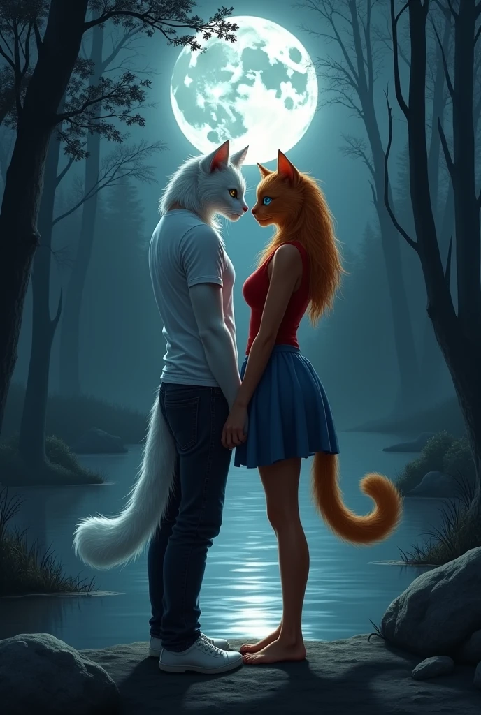 Felix’s Secret Meetings with Lulu**:
- **Prompt**: "A sleek white cat in human body wearing a white t shirt and black jeans meeting a mysterious orange female cat in human body wearing a red top and blue skirt with striking blue eyes by a secluded riverbank at night. The moonlight casts a silver glow on the scene, illuminating the cats as they twine their tails together in secret. The riverbank is lined with tall, shadowy trees, and the water reflects the moonlight. The atmosphere is tense yet romantic, with an underlying sense of deceit."