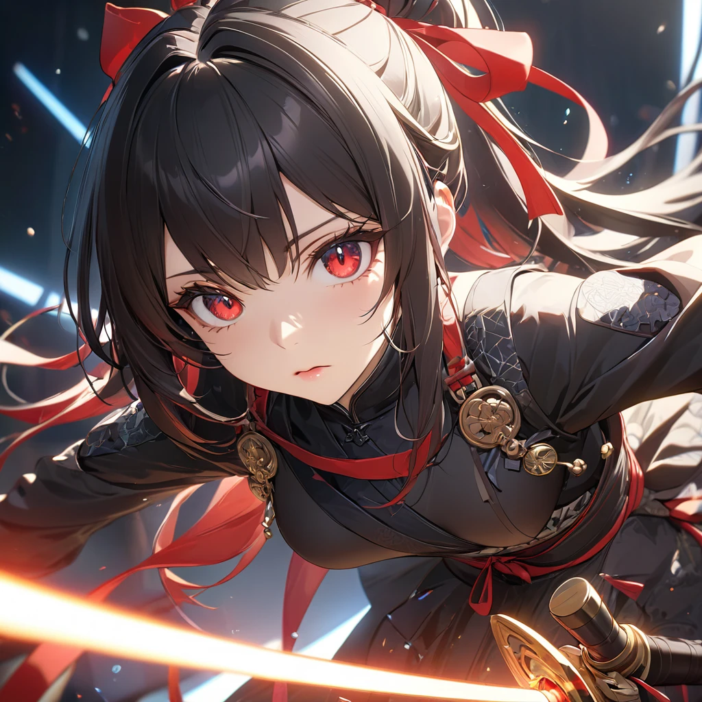 最high quality, wonderful_delicate, wonderful delicate eyes, Super detailed, beautiful, 8k , One girl, Red eyes, evil, Facial Contour,(Absurd, High resolution, Super detailed), masterpiece, The perfect solution, wonderfulディテール, Super Detailed, Cinema Lighting, Ray Tracing, Depth of written boundary, Cinema Lighting, Ray Tracing, 超High resolution, Attention to detail, 最high quality, High resolution, high quality, Awards, Super Detail, masterpiece, 8k, 超High resolution, Attention to detail, 最high quality, High resolution, high quality, Awards, Super Detail, masterpiece, 8k, Digital Art, Anime Coloring,"wearing a modern ninja costume with meticulous detail., Attention to detail近代的な忍者衣装を着て、Create an illustration of a futuristic female ninja with black hair,. She has long black hair tied with a red ribbon and symbols.。She must be wearing a luxurious black outfit with red accents that feature characters.。. She has a sword with intricate designs on the hilt and scabbard.. The story is set in the Edo period.