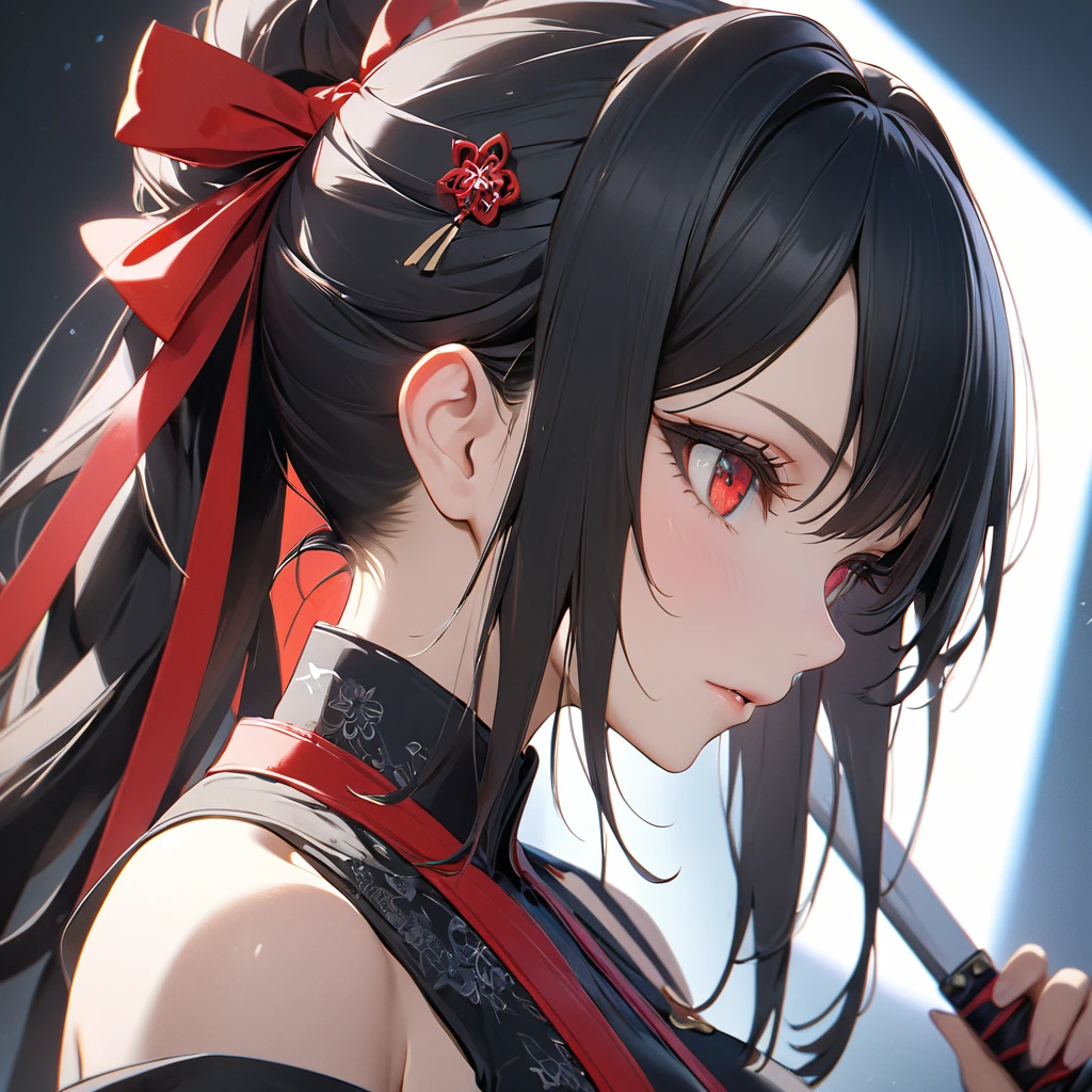 最high quality, wonderful_delicate, wonderful delicate eyes, Super detailed, beautiful, 8k , One girl, Red eyes, evil, Facial Contour,(Absurd, High resolution, Super detailed), masterpiece, The perfect solution, wonderfulディテール, Super Detailed, Cinema Lighting, Ray Tracing, Depth of written boundary, Cinema Lighting, Ray Tracing, 超High resolution, Attention to detail, 最high quality, High resolution, high quality, Awards, Super Detail, masterpiece, 8k, 超High resolution, Attention to detail, 最high quality, High resolution, high quality, Awards, Super Detail, masterpiece, 8k, Digital Art, Anime Coloring,"wearing a modern ninja costume with meticulous detail., Attention to detail近代的な忍者衣装を着て、Create an illustration of a futuristic female ninja with black hair,. She has long black hair tied with a red ribbon and symbols.。She must be wearing a luxurious black outfit with red accents that feature characters.。. She has a sword with intricate designs on the hilt and scabbard.. The story is set in the Edo period.