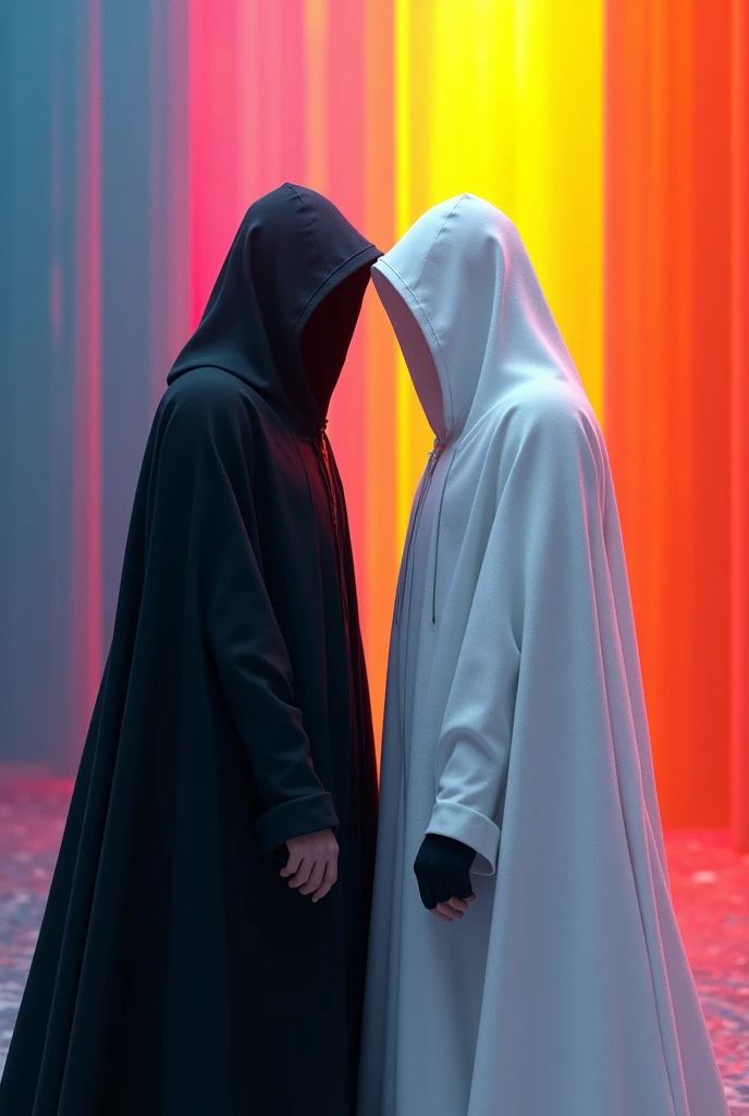 A man in a black robe covering his face turns his back to a man in a white robe covering his face. Bright colored background.