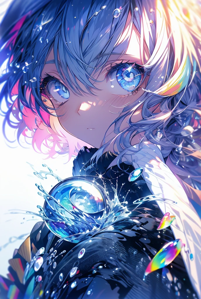 One girl, High-resolution model, Rainbow Hair,Odd Eye,Your eyes are sparkling,water droplets,Starlight,Long Hair,