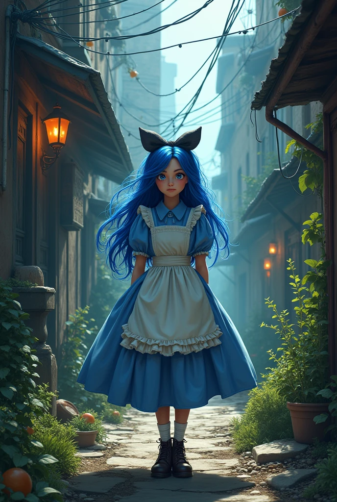 Create an image of a Disney animated movie girl named Alice/License for a movie called Wonderland, However, the film will be the story of Wonderland in a more current way and will have several social criticisms and some macabre subjects.,It&#39;s going to be a girl with blue dyed hair,11/ and rebellious 