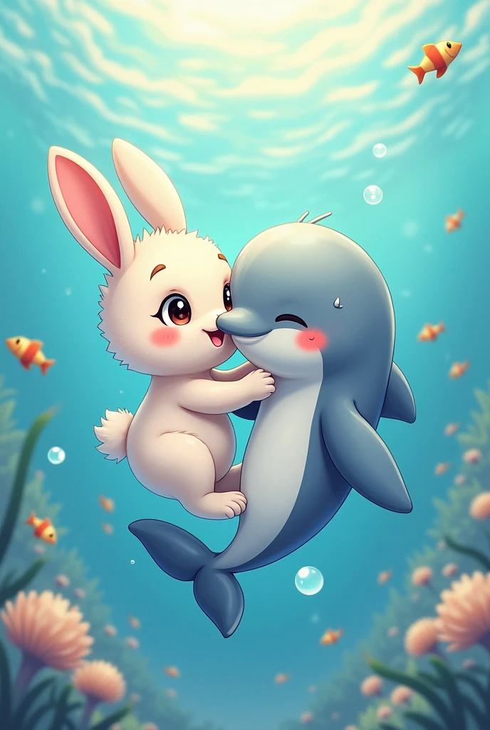 Cute image of a rabbit hugging a dolphin for a tattoo 

