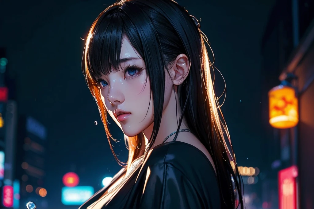 1 girl, black  dress, Best Illustrations, Blue LED light, high tech, Ultra-high resolution, 32K, (detailed:1.4), Cyberpunk City Background, Rainy Street, Beautiful Face, Professional Lighting, masterpiece, Very delicate and beautiful, Professional photos, ((Upper body shot)),