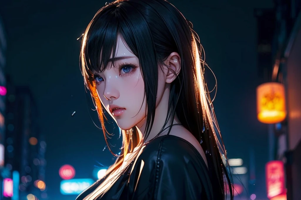 1 girl, black  dress, Best Illustrations, Blue LED light, high tech, Ultra-high resolution, 32K, (detailed:1.4), Cyberpunk City Background, Rainy Street, Beautiful Face, Professional Lighting, masterpiece, Very delicate and beautiful, Professional photos, ((Upper body shot)),