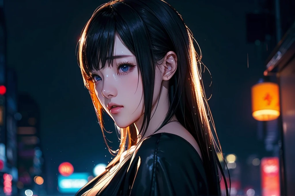 1 girl, black  dress, Best Illustrations, Blue LED light, high tech, Ultra-high resolution, 32K, (detailed:1.4), Cyberpunk City Background, Rainy Street, Beautiful Face, Professional Lighting, masterpiece, Very delicate and beautiful, Professional photos, ((Upper body shot)),