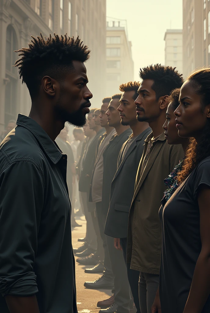And believe me, an image of a dark-skinned man who is on the left, away from a group of white people who are on the right, insulting him, and others who are afraid.