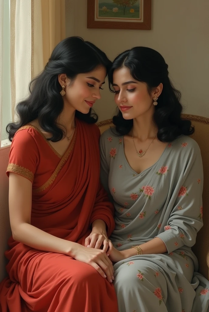 50's Women sitting on a chair wearing red Saree with another women who is wearing a salwar suit of grey colour with flowers printed on it.Both are having black air