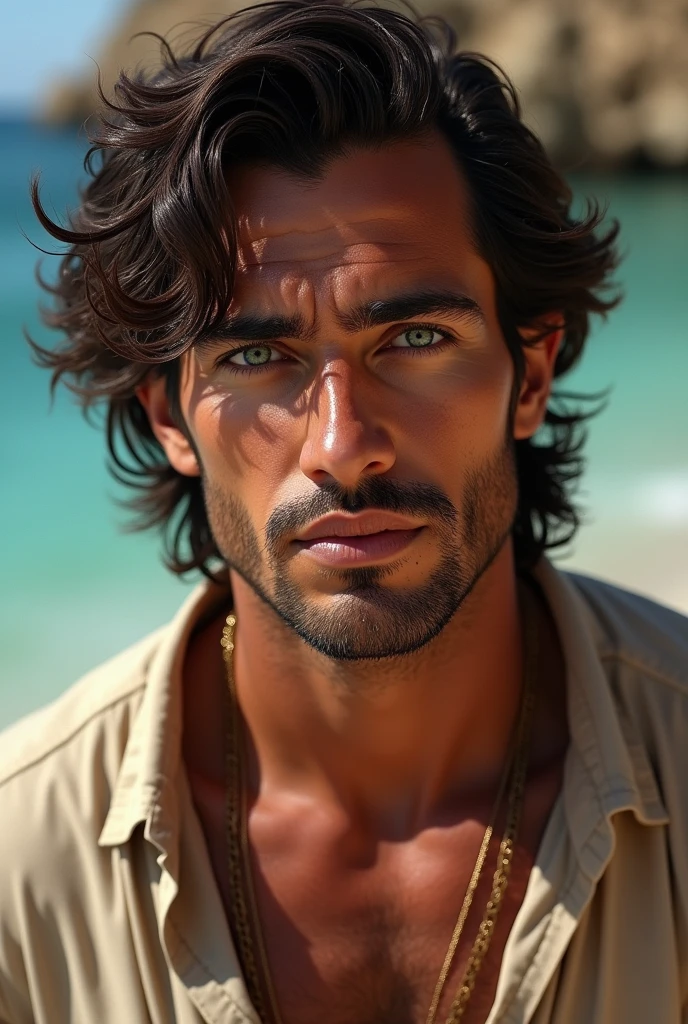 sea-green eyes, wavy dark hair, tanned skin, strong jawline, , rugged features,
Male
Greek