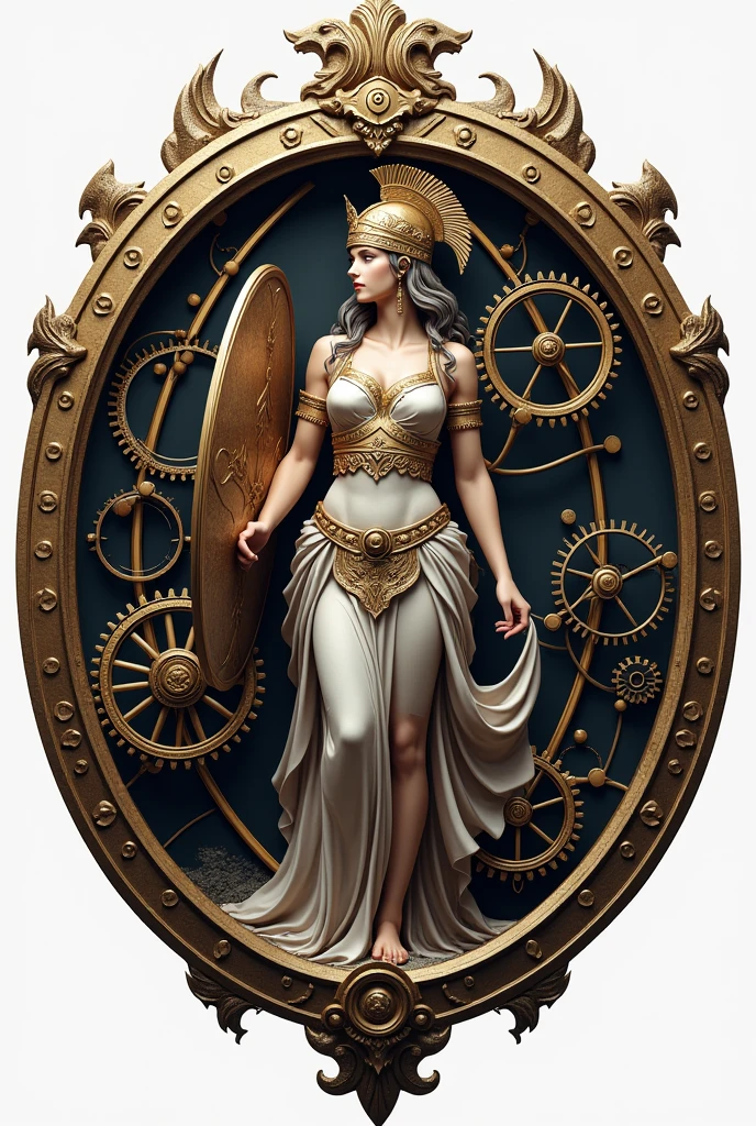 Logo of the goddess Minerva dressed inside a round mechanical piece, written LAEFAG