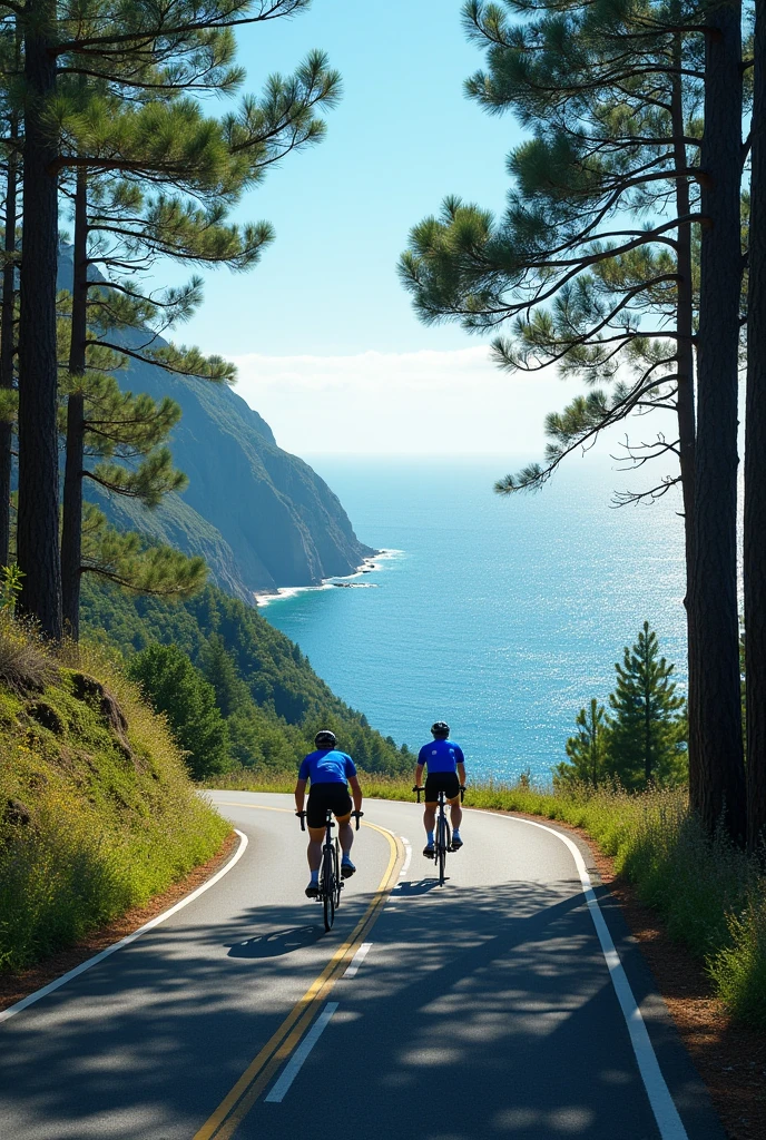 Créer moi une photo de 2 cyclistes avec un maillot bleu et sur une route surplombant la mer. Cette route traverse une forêt de pin