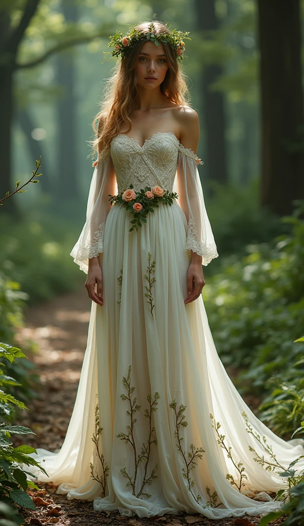 (Elven romance-inspired dress, reflecting the mystique of medieval Camelot and forest fairies, featuring a color palette of moss green and cream),
(dress has an off-the-shoulder, fitted bodice with delicate lace and leaf embroidery, designed to mimic the textures of the forest, sleeves are long and flowing, made from sheer fabric, with floral appliques cascading down to the wrist)
(skirt is floor-length with a gentle A-line silhouette, crafted from layers of chiffon and satin, with a flowing train and intricate vine patterns, hem is adorned with subtle gold thread detailing:1.2),
(Accessories include a crown of ivy and flowers and delicate sandals, completing the ethereal and romantic look),