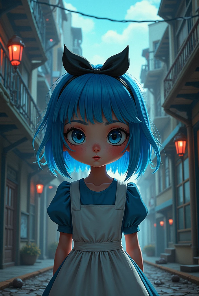 Create an image of a Disney animated movie girl named Alice/License for a movie called Wonderland, However, the film will be the story of Wonderland in a more current way and will have several social criticisms and some macabre subjects.,It&#39;s going to be a girl with blue dyed hair,11/ and rebellious 