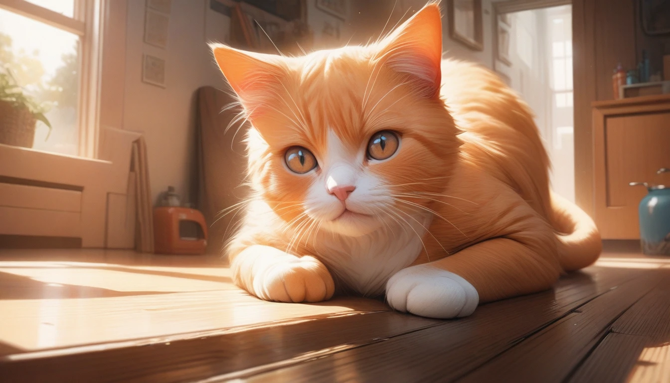 High quality, ultra-realistic and highly detailed colors, fine details, delicate lines, a cute orange cat inside your home