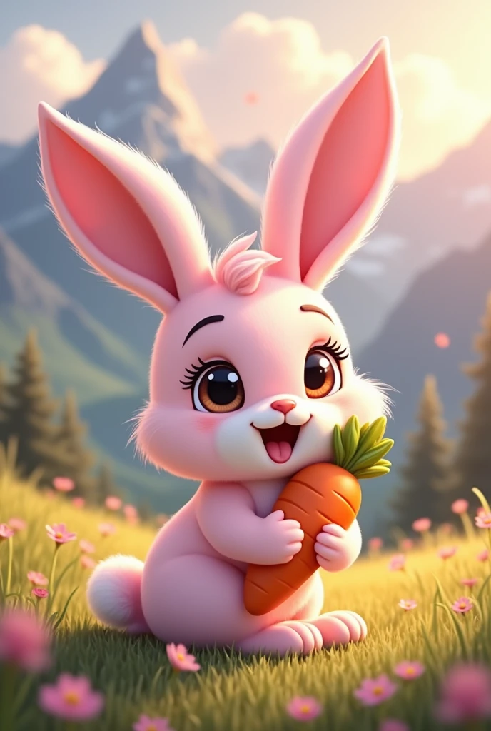 Cute pink bunny holding a carrot in a meadow in the Swiss Alps The grass is more light green No flowers needed background、The grass background is more clear and the rabbit's eyebrows are a little thinner. It's around lunchtime.、The weather was sunny.