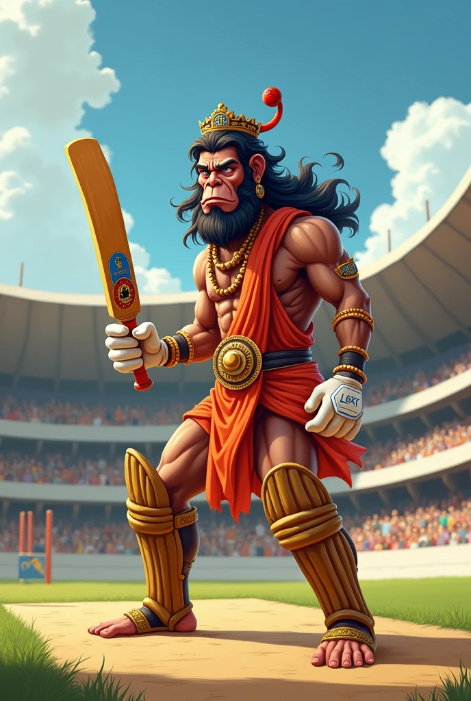 Cute Lord hanuman holding cricket bat and ball in a stadium 
