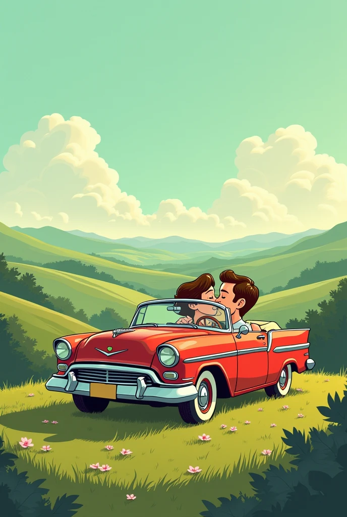 Retro cartoon of a closed vintage car on top of a hill with two people lying inside it having sex.
