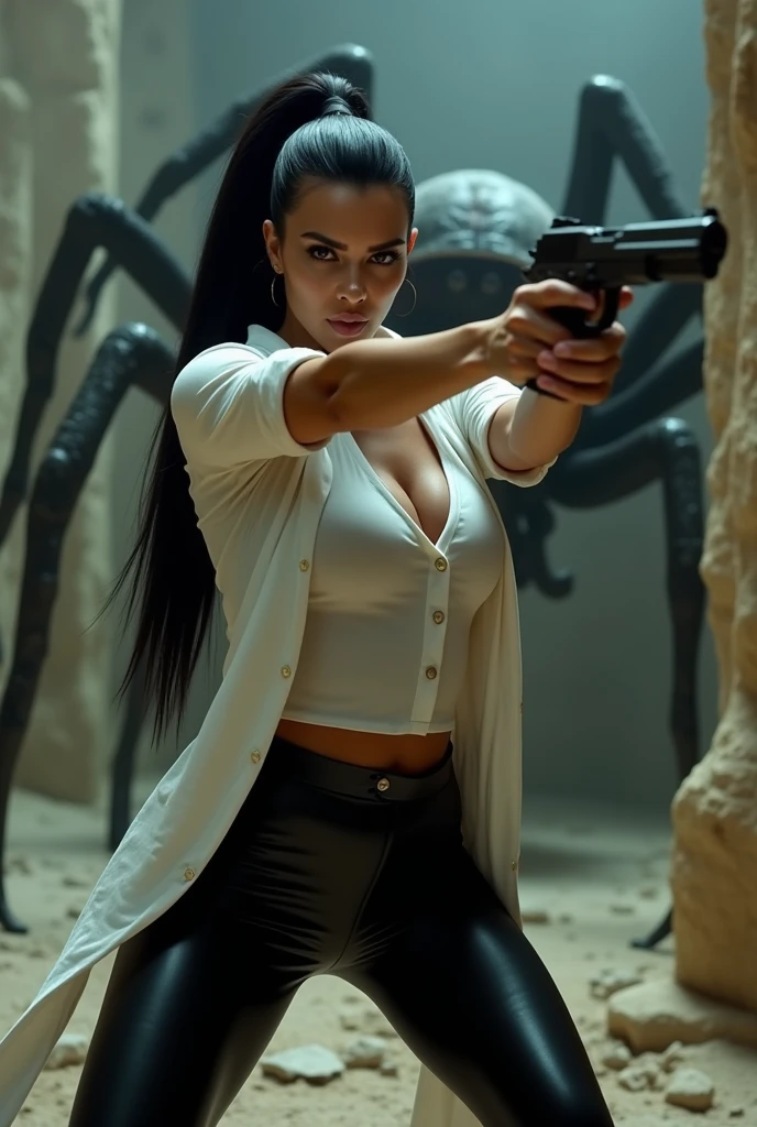 Kim Kardashian with black straight hair in a ponytail, in a tight long White shirt  with sleeves, and buttons, short cleavage, sie trägt eine schwarze Latex Leggings,she is in a abandoned tomb,  her facial expression is aggressive , she aims a gun at someone, behind her is an aggressive giant Spider going to attack her