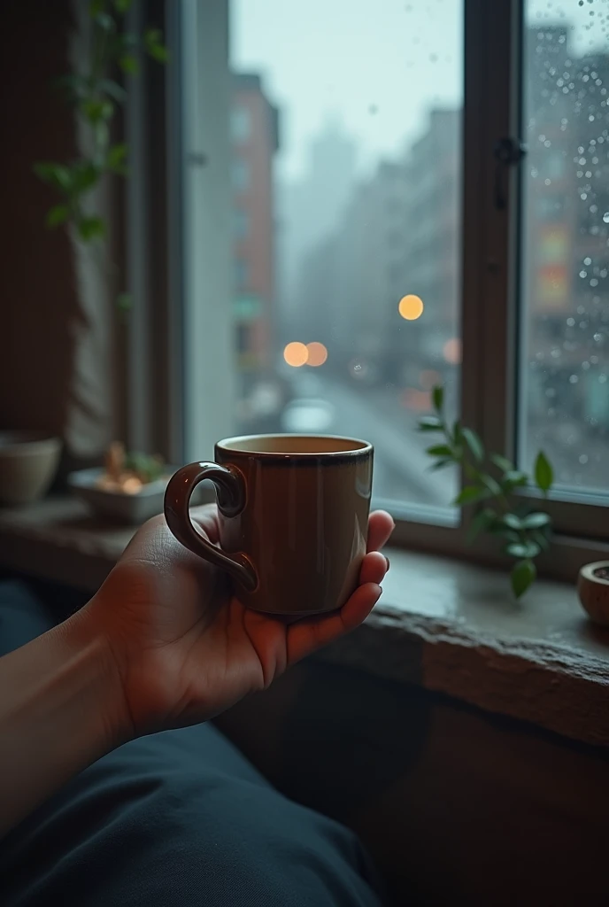 Create an image of a hand holding a cup of coffee next to a window on a rainy day 