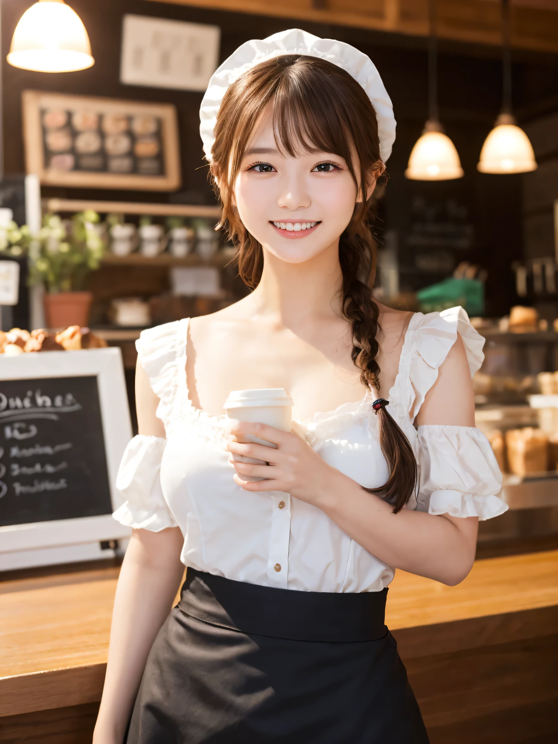 1 girl、(RAW Photos、Highest quality)、(Real、Photoreal:1.4)、Tabletop、Very delicate and beautiful、Very detailed、2k wallpaper、wonderful、Detailed、very detailedCG Unity 8K wallpaper、Super detailed、20-year-old、(Yellow waitress outfit)、Pleated skirt、Frills Skirt、Big Breasts、Perfect Style、Frills、ribbon、Soft Light、Beautiful detailed girl、Braided Hair、(Hold own breasts between own arms, )、Puff sleeves、Waitress in a café、smile、Happy Face、coffee shop、Coffee Drip