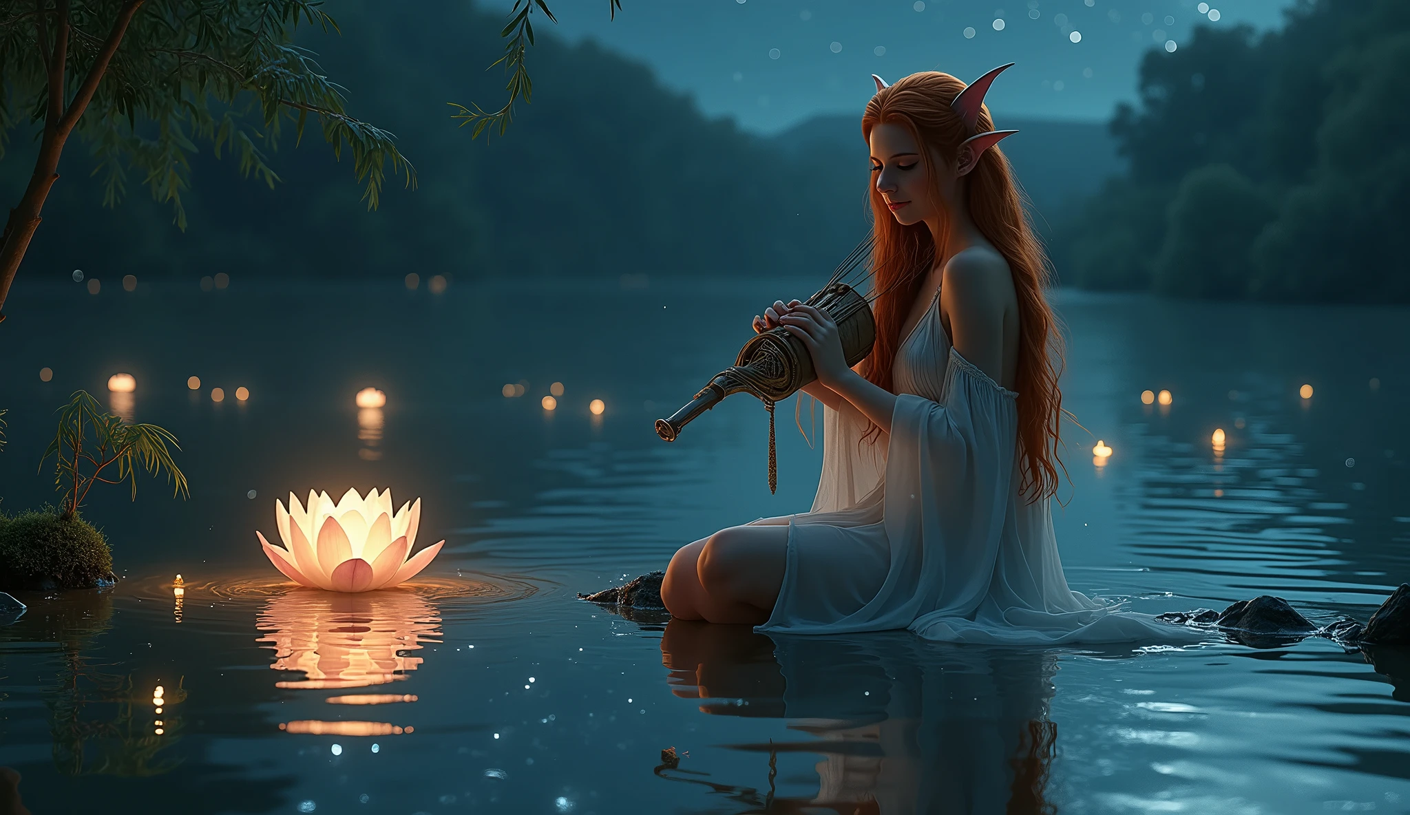 A sexy female elf sits by a lake in the dark of night. She is dressed in a white dress of thin fabric, her shoulders and legs exposed. Her long red hair is reflected in the surface of the lake. In her hand is an ancient musical instrument, which she plays with a bewitching smile. Glowing lotus flowers float around her, and the surface of the lake ripples gently. The starry sky in the background creates a fantastical, dark atmosphere. Please use the highest resolution (8K) for photos for realistic depiction.