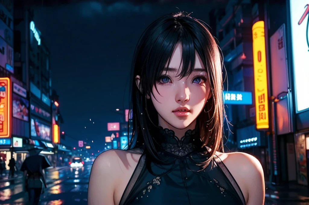 1 girl, black  dress, Best Illustrations, Blue LED light, high tech, Ultra-high resolution, 32K, (detailed:1.4), Cyberpunk City Background, Rainy Street, Beautiful Face, Professional Lighting, masterpiece, Very delicate and beautiful, Professional photos, (((cowboy shot))),