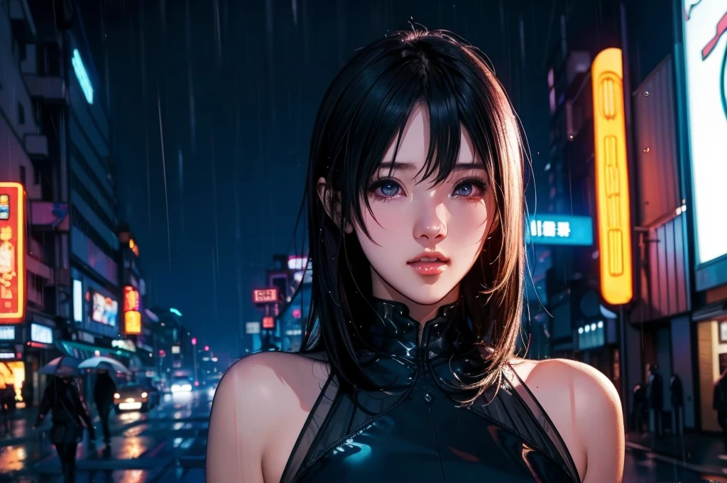 1 girl, black  dress, Best Illustrations, Blue LED light, high tech, Ultra-high resolution, 32K, (detailed:1.4), Cyberpunk City Background, Rainy Street, Beautiful Face, Professional Lighting, masterpiece, Very delicate and beautiful, Professional photos, (((cowboy shot))),