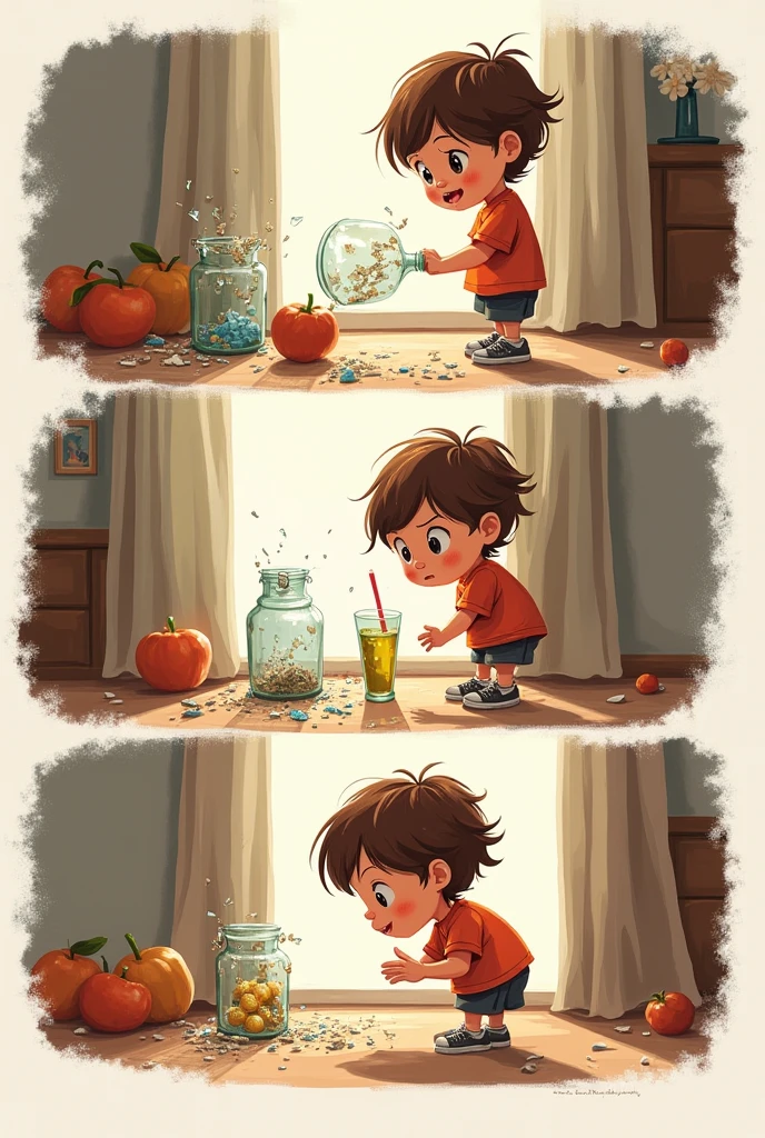 Draw three boxes on a piece of paper. In the first box, draw a child breaking something (ex. expensive vase, figurine or a glass). In the second box, draw the response of the child when asked by the mother what happened. In the third box, draw the reaction of the parent.