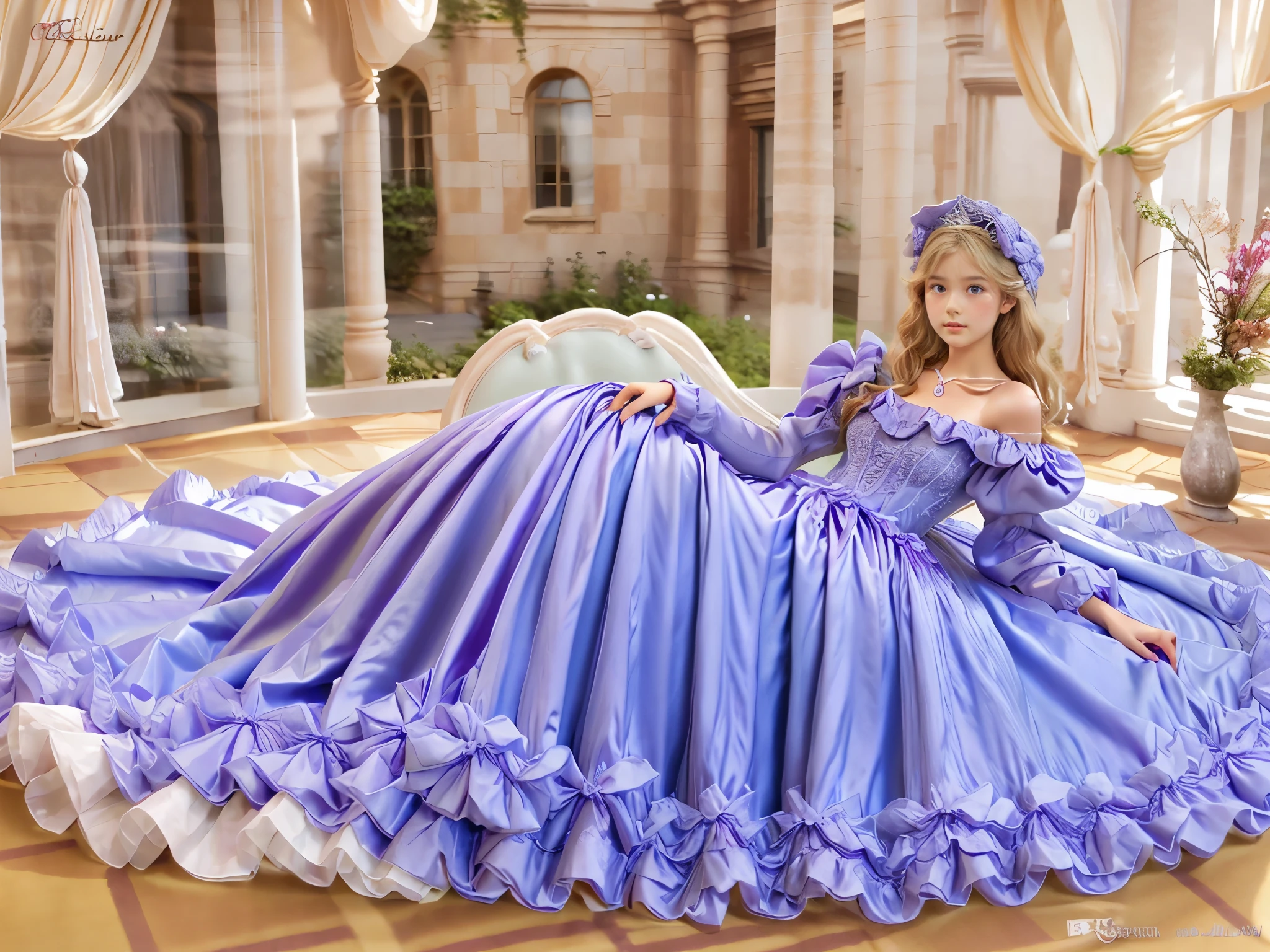 ,Highest quality, masterpiece, Highest Resolution, artwork, 3K Realistic Photos,,(( Young short girl)),Super-detailed young face,The three are princesses,Full-length ball gown dress with hoop skirt,Frilled yoke collar,Puff sleeves,Long sleeve,((A purple detailed princess satin dress in a ****ta-fashion with lots of ruffles and bows)),Big Ball gown dress that completely covers the legs,Rococo fashion,shiny satin dress,Soft and smooth fabric,luxury,Long blonde hair,blue eyes,White skin European,pajamas,((In the bedroom)),luxury princess canopy frilled bed,super detailed bed,Sitting on the bed,High-quality backgrounds,