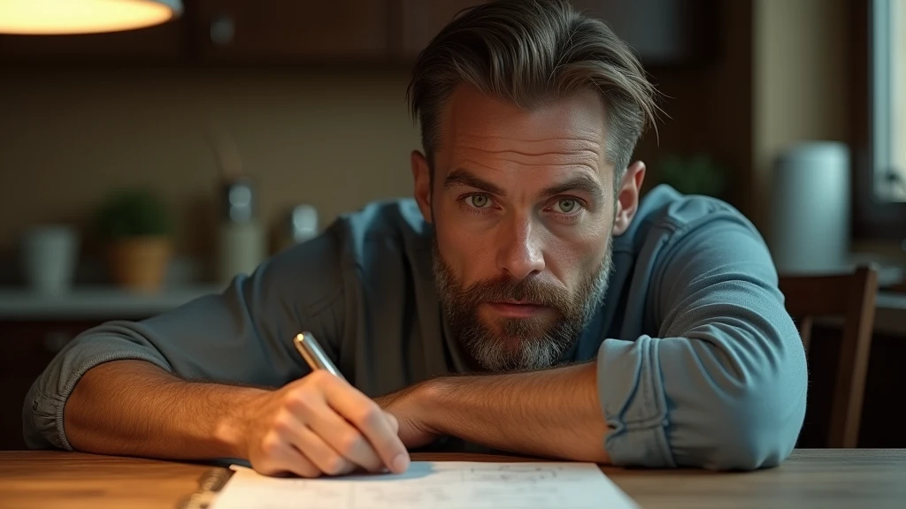 Ultra-realistic portrait of a man in his 40s. He has brown hair with a few white strands, a neatly trimmed beard and green eyes that reflect determination and introspection. His face is well defined, and his expression suggests reflection and resolution. The portrait should be from the waist up. He is wearing a casual shirt.
The man is sitting at a kitchen table, with pages of notes and diagrams spread out in front of him. The environment should include elements such as a cup of coffee and a lamp, but should be blurred so as not to distract from the main subject.
The lighting should be soft and warm, with light from a kitchen lamp coming from above, creating subtle shadows that accentuate the man's expression of introspection. The light should highlight the green eyes and the texture of the skin, emphasizing the seriousness of the situation.
The image should convey a sense of introspection and determination, with a touch of tension. Suggest a warm color palette, such as golds and browns, to complement the nocturnal atmosphere.
The photo should be of high quality, with 8k rendering and extreme detail, capturing the emotional essence of the moment.