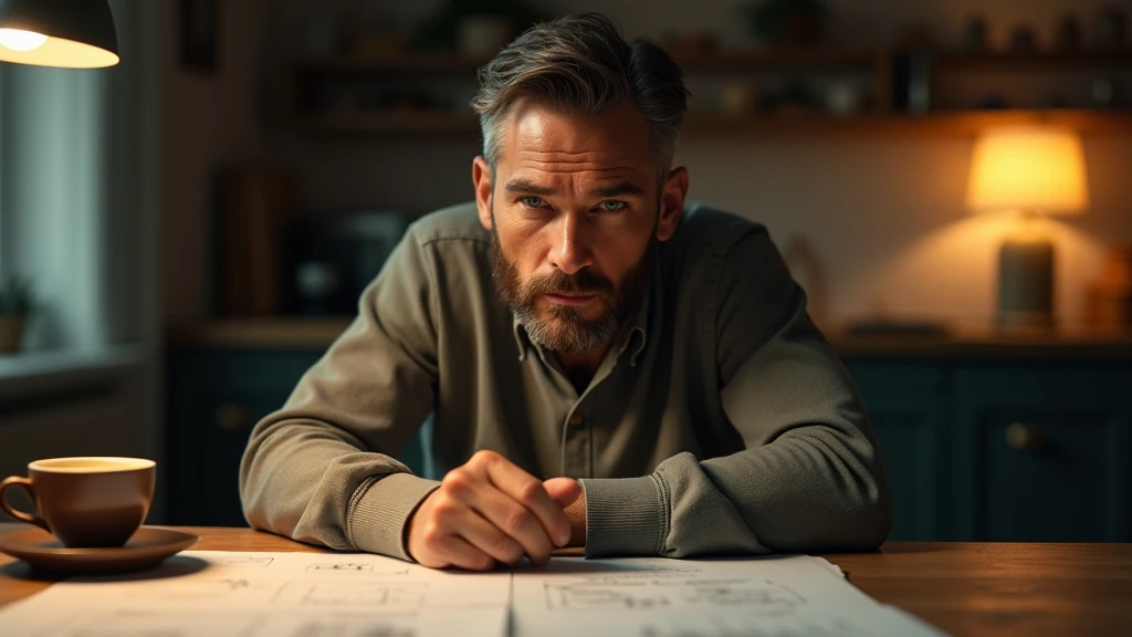 Ultra-realistic portrait of a man in his 40s. He has brown hair with a few white strands, a neatly trimmed beard and green eyes that reflect determination and introspection. His face is well defined, and his expression suggests reflection and resolution. The portrait should be from the waist up. He is wearing a casual shirt.
The man is sitting at a kitchen table, with pages of notes and diagrams spread out in front of him. The environment should include elements such as a cup of coffee and a lamp, but should be blurred so as not to distract from the main subject.
The lighting should be soft and warm, with light from a kitchen lamp coming from above, creating subtle shadows that accentuate the man's expression of introspection. The light should highlight the green eyes and the texture of the skin, emphasizing the seriousness of the situation.
The image should convey a sense of introspection and determination, with a touch of tension. Suggest a warm color palette, such as golds and browns, to complement the nocturnal atmosphere.
The photo should be of high quality, with 8k rendering and extreme detail, capturing the emotional essence of the moment.