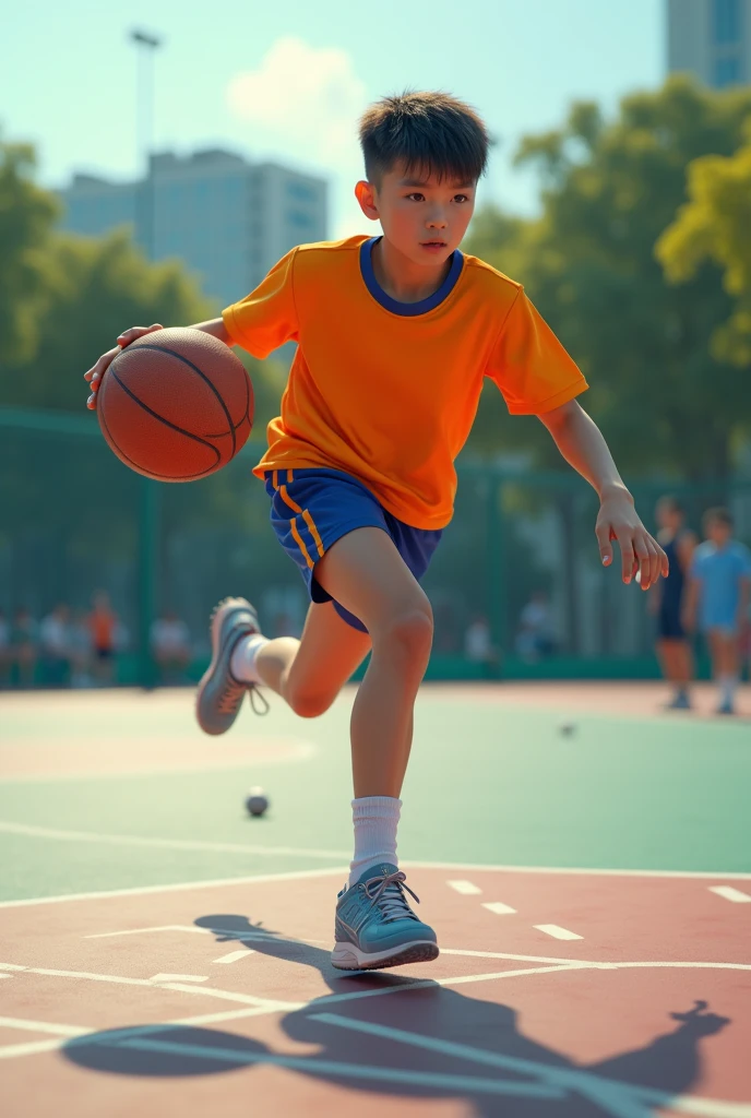 Foto realistik :A high school boy is playing sports on the basketball court. He has a short hairstyle and wears a brightly colored school sports uniform. The background is a basketball court with lines. Hd