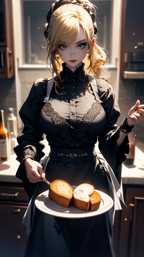 masterpiece, high quality, 4K, Beautiful design, silhouette，blonde， Highly detailed kitchen， wonderful, Finer details,  Very knowledgeable woman, Highly detailed solo, 1 female,Big Breasts，Gothic Fashion，Wearing a white apron，Baking，