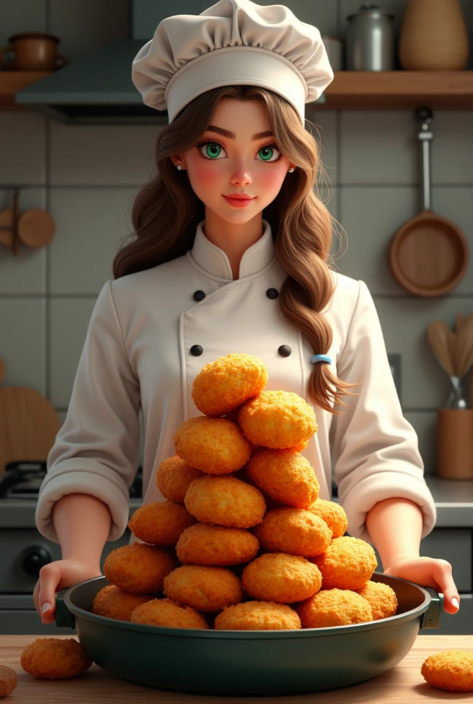 A BEAUTIFUL COOK WITH HER HAIR LOOSE IN HER JACKET, NAME MDQ, LIGHT GREEN EYES AND HOLDING A LARGE PAN WITH A TOWER OF CROQUETTES