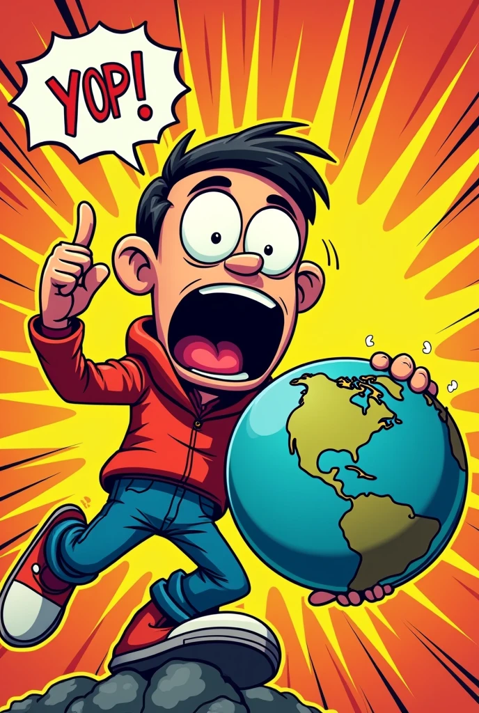 While I can't create images directly, I can describe how you might design the comic-style poster:
1. **Background**: Use a bright, vibrant color or a simple gradient to make the poster eye-catching.
2. **Central Character**: Draw a person with an exaggerated, cartoonish messenger head. The messenger head should be expressive, with large, expressive eyes and a comically exaggerated open mouth showing surprise or confusion.
3. **Body and Pose**: The person’s body should be in a dynamic, action-oriented pose. They’re holding a globe (Earth) in their right hand, as if presenting it. Their left hand could be raised or making a gesture to indicate emphasis or disbelief.
4. **Text Elements**: Include a prominent, bold comic-style speech bubble coming from the messenger head. Inside the bubble, write: "I wasn’t supposed to eat the clock!"
5. **Additional Details**: Add exaggerated, comic-style motion lines or effects around the globe and the character to emphasize their action.
6. **Coloring**: Use bright, contrasting colors for the character, globe, and text to ensure they stand out.