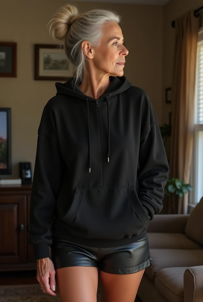 black woman hair in a bun black hoodie black leather short shorts getting fucked in the ass by a old age white grandma in a dress in a living room sexy ass