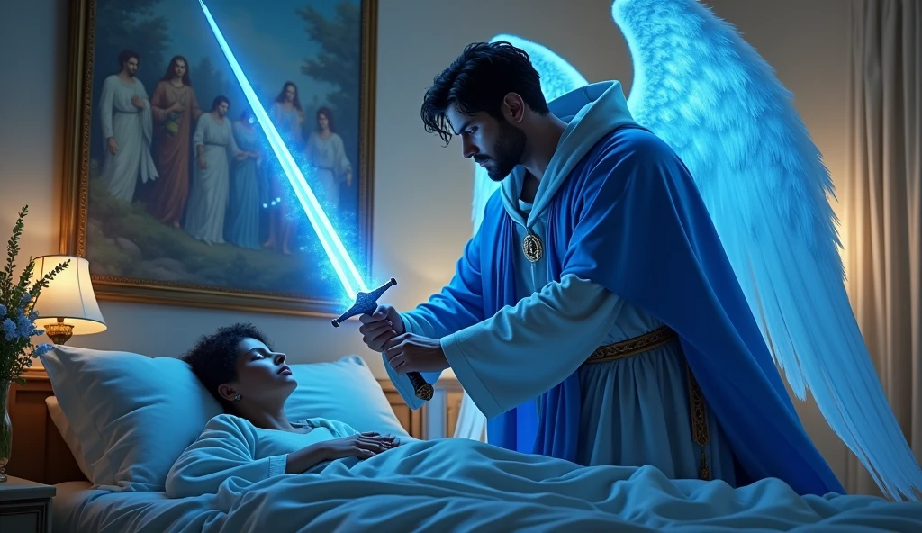 ultra realistic image of archangel michael blue tunic and cape with hood, with his blue flame sword, helping a depressed woman in her bed , convey depth, nice room in the background, archangels painting