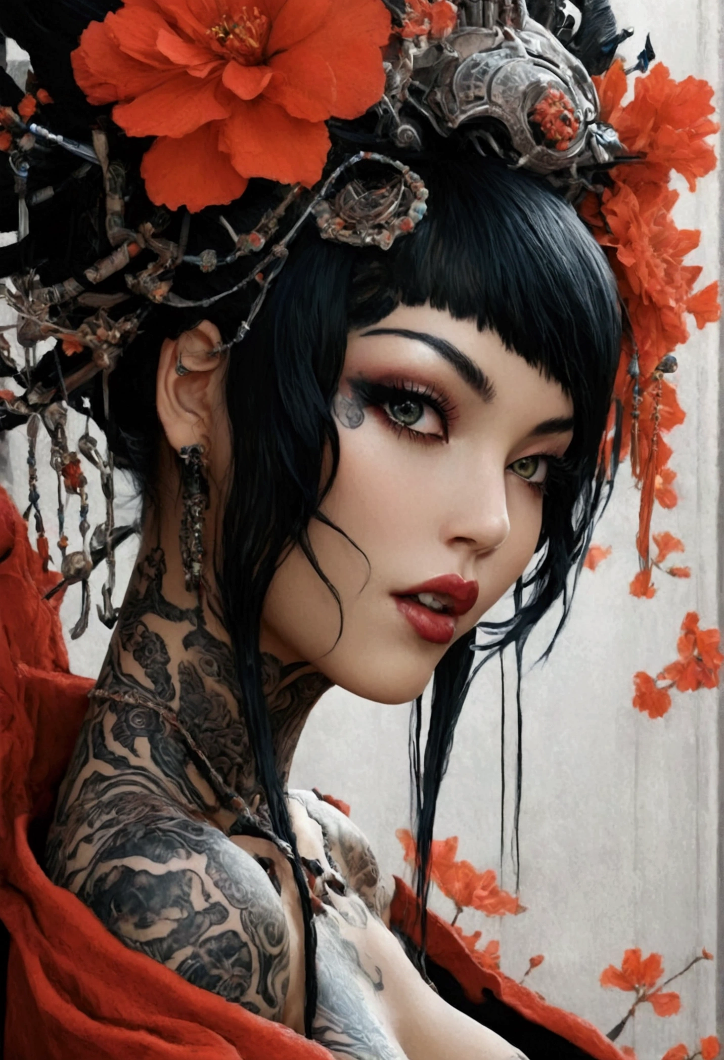 Stunningly gorgeous beautiful perfect hr giger inspired inspired tattooed sexy seductive lulu Geisha , perfect face, hyper detailed vibrant eyes, large breasts, full body view, nude, no color black and gray only,