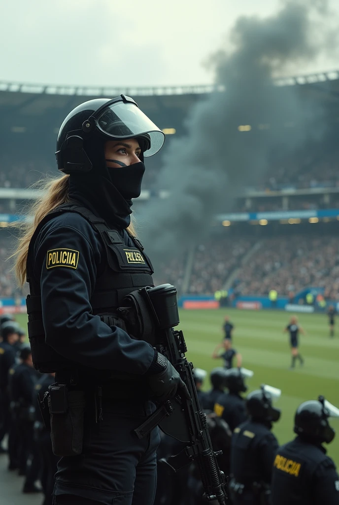 a women with a black riot police uniform with the helmet with a riot police mask and camouflage face paint with a sign POLICIJA and a with a camouflage face paint and black lips on her guarding a stadium behind her that has a  thick black smoke which is covering  behind her. she holding the rifile and sees the stands covered in that smoke because she is viewing from the terrace of the stadium whilist on the pitch police are deploying an army of women riot police officers on the pitch
