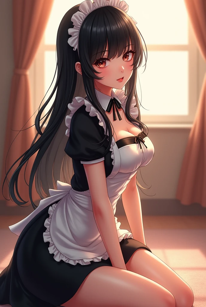 Black long hair, Wearing a maid outfit, Kneel down, Two legs and five fingers, More meat, Cute 2D, Background Backlight HD