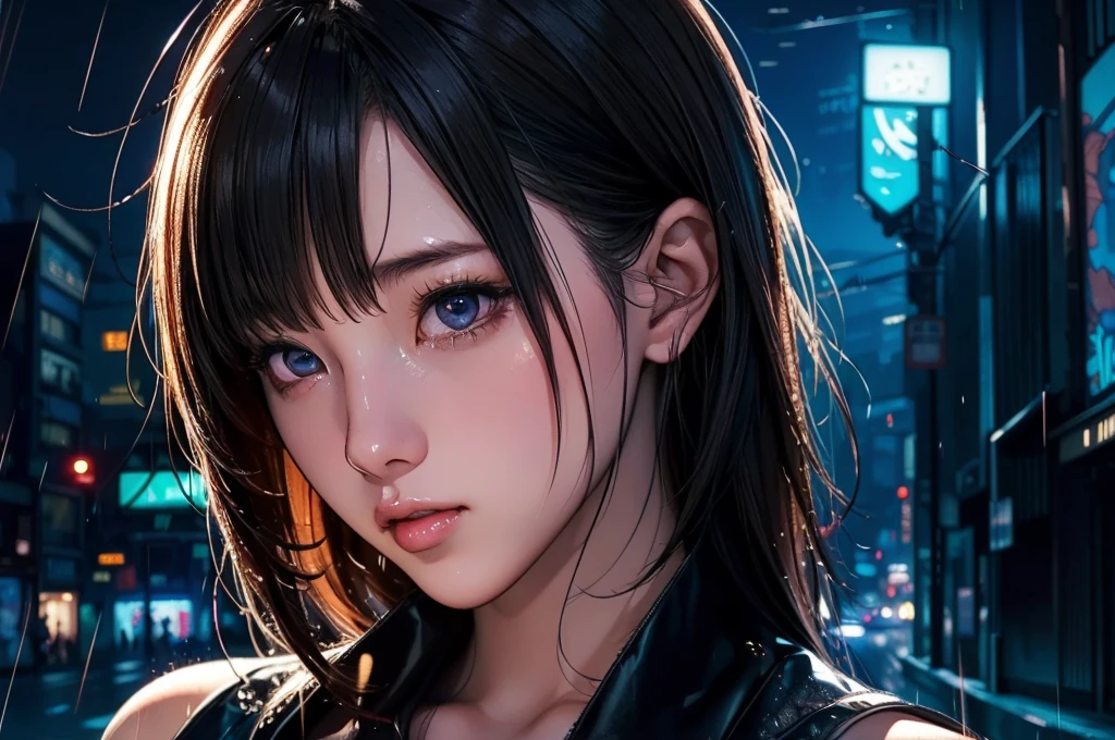 1 girl, black  dress, Best Illustrations, Blue LED light, high tech, Ultra-high resolution, 32K, (detailed:1.4), Cyberpunk City Background, Rainy Street, Beautiful Face, Professional Lighting, masterpiece, Very delicate and beautiful, Professional photos, (((cowboy shot))),