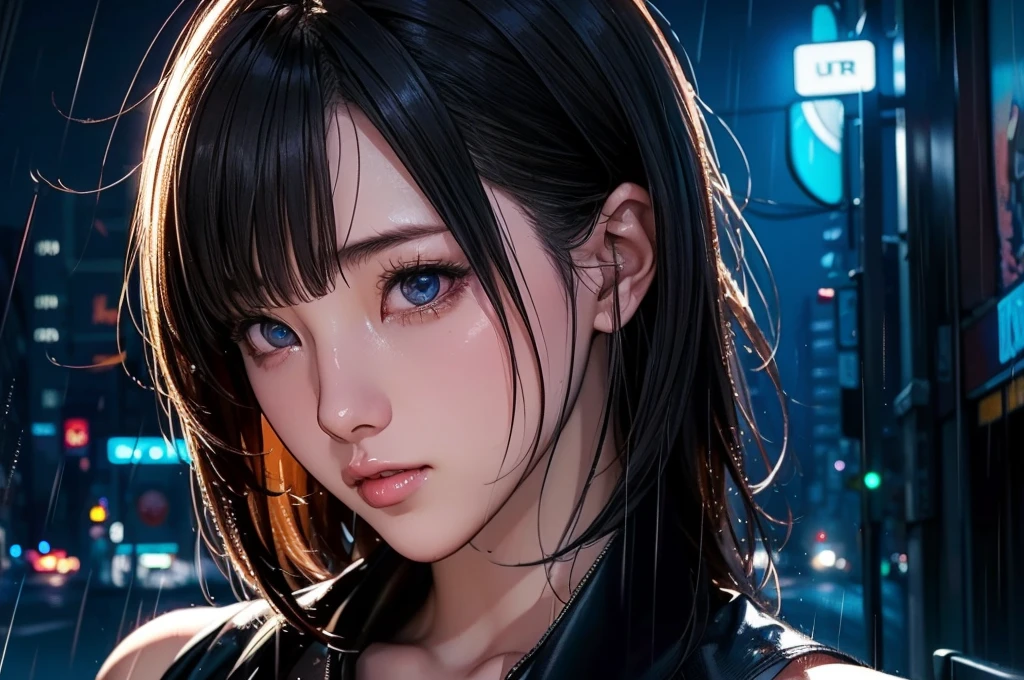 1 girl, black  dress, Best Illustrations, Blue LED light, high tech, Ultra-high resolution, 32K, (detailed:1.4), Cyberpunk City Background, Rainy Street, Beautiful Face, Professional Lighting, masterpiece, Very delicate and beautiful, Professional photos, (((cowboy shot))),