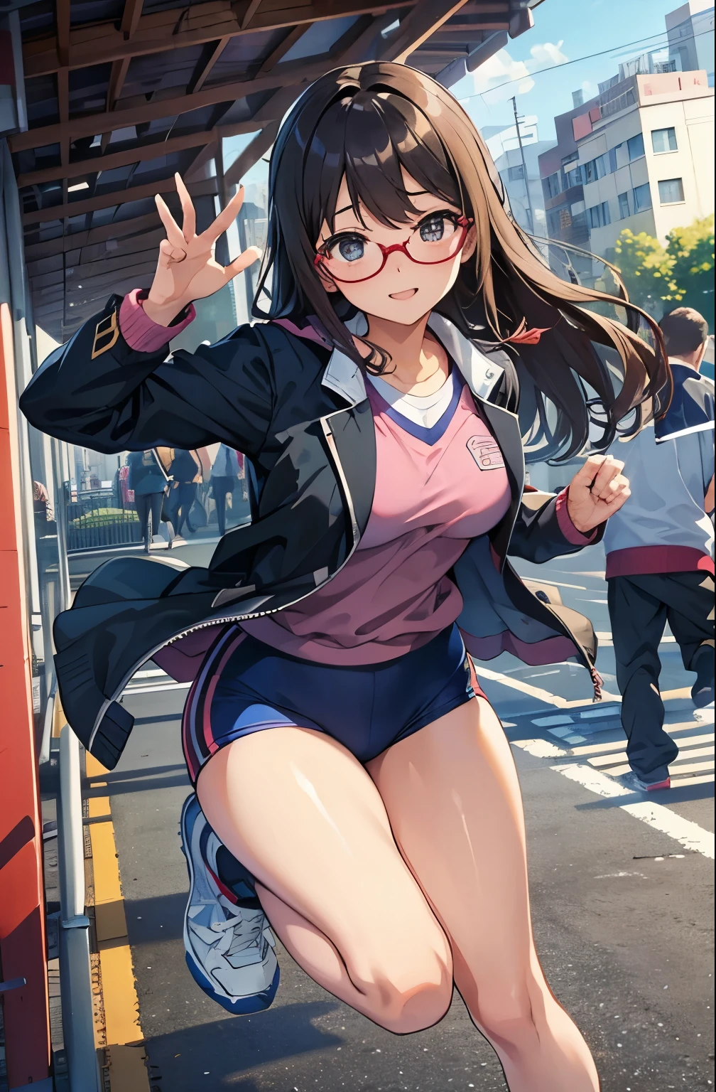 Beauty、Dynamic Angle、Sexy、school gym buruma、Jacket、Vibrant、Beautiful feet、Adorable expression、Building district、Run、Glasses、Exposed