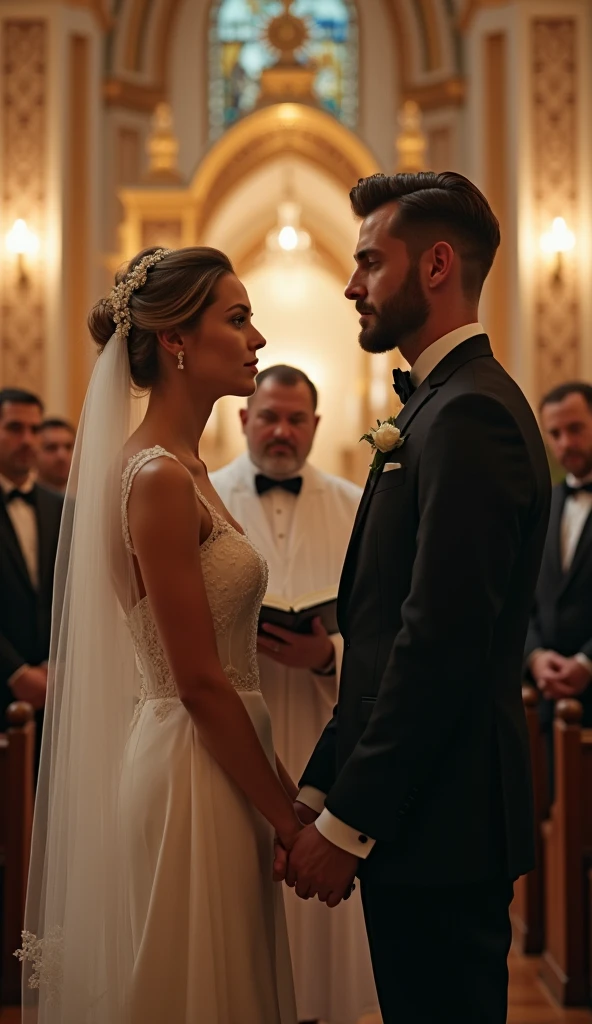 Cover for romantic novel where beautiful bride and groom positioned at the center, in front of Priest in beautiful and elegant church with soft lighting and full off guests. Bride and Groom stands separate. Cinematic action scene, highly detailed, wide shot, Low Angle Shot, 4K, highly detailed, epic scene, dynamic scene. PEYGAN SINCLAIR, a handsome man in his early 30s. The man looks elegant and stylish. He has a well-styled haircut featuring a classic look. His hair is medium-length on top with a slight wave, adding volume and texture, while the sides and back appear shorter and neatly trimmed. The hairstyle is likely achieved with a side part, giving it a clean, refined appearance.His beard and mustache that complements his strong jawline. His skin tone is fair, and his features are sharp and defined. He is dressed in a classic black suit with a white shirt and bow tie. His facial expression is calm and focused. His eyes are nearly closed. Overall, the man gives the impression of an elegant, well-groomed, and confident person. The Priest stands between the MALEFICENT DANICA and PEYGAN SINCLAIR, reciting vows. The lighting in the scene creates a soft outline of their profile, adding drama and depth to the image.